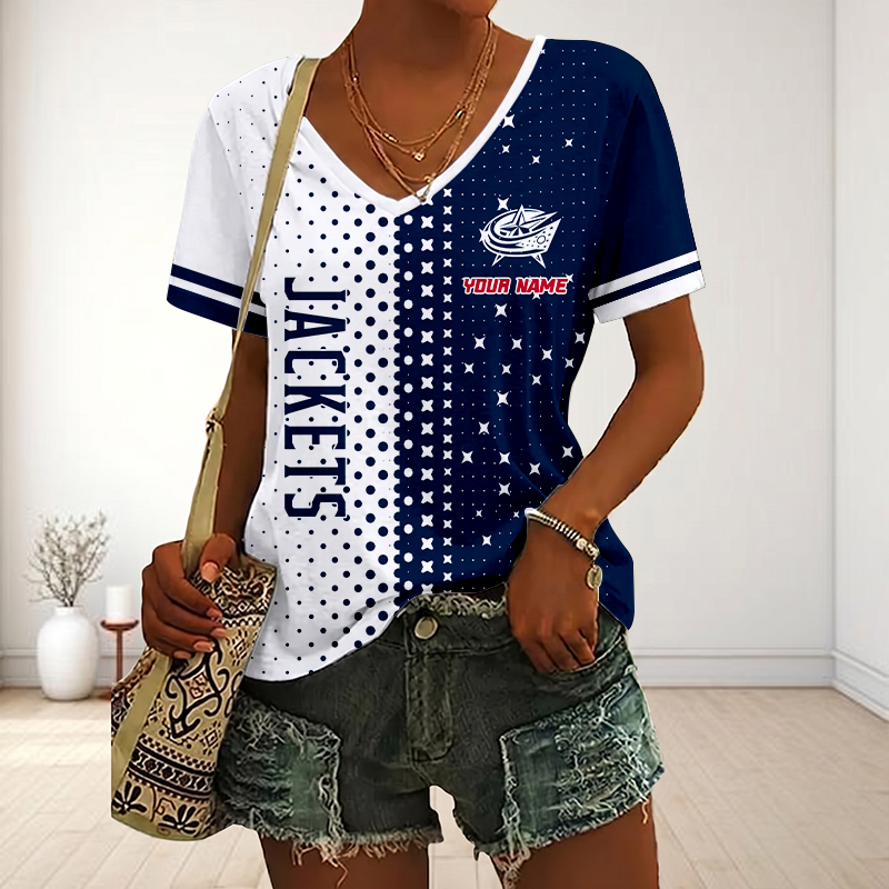 LIMITED EDITION - NEW CUSTOMIZED NHL18 CBJ COLUMBUS BLUE JACKETS V-NECK FEMALE SHIRT