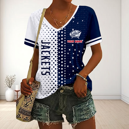 LIMITED EDITION - NEW CUSTOMIZED NHL18 CBJ COLUMBUS BLUE JACKETS V-NECK FEMALE SHIRT