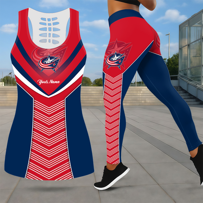 SPECIAL EDITION - NEW CUSTOMIZED NHL18 CBJ COLUMBUS BLUE JACKETS LEGGINGS & HOLLOW TANK TOP SET