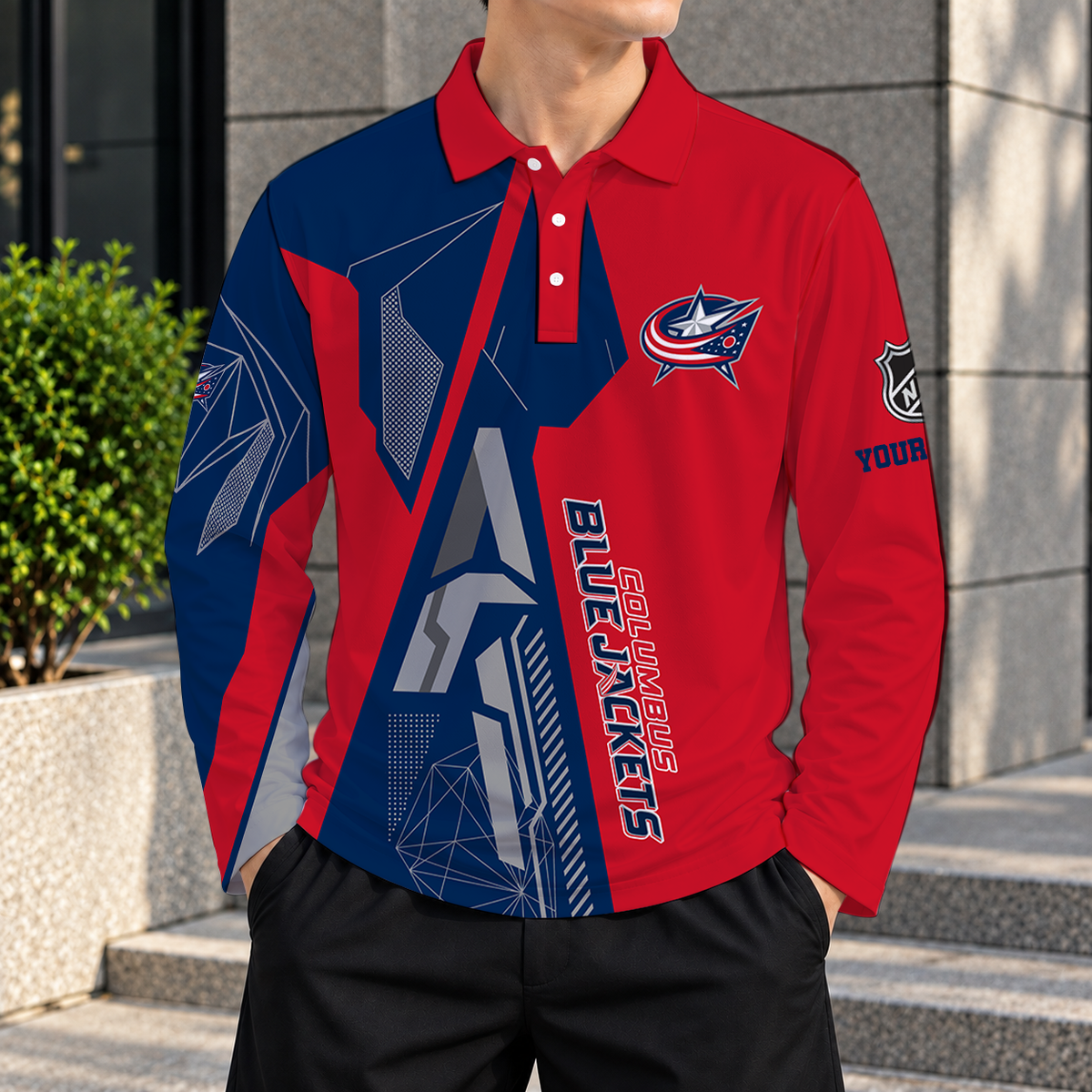SPECIAL EDITION - NEW CUSTOMIZED NHL18 CBJ COLUMBUS BLUE JACKETS MEN LONG SLEEVE POLO