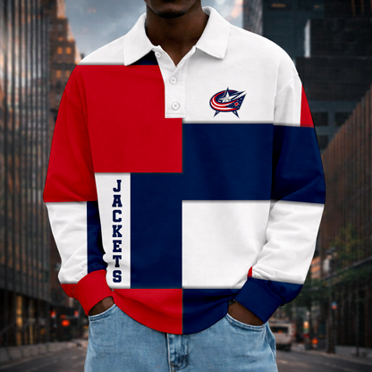 LIMITED EDITION - NEW CUSTOMIZED NHL18 CBJ COLUMBUS BLUE JACKETS MEN LONG SLEEVE POLO