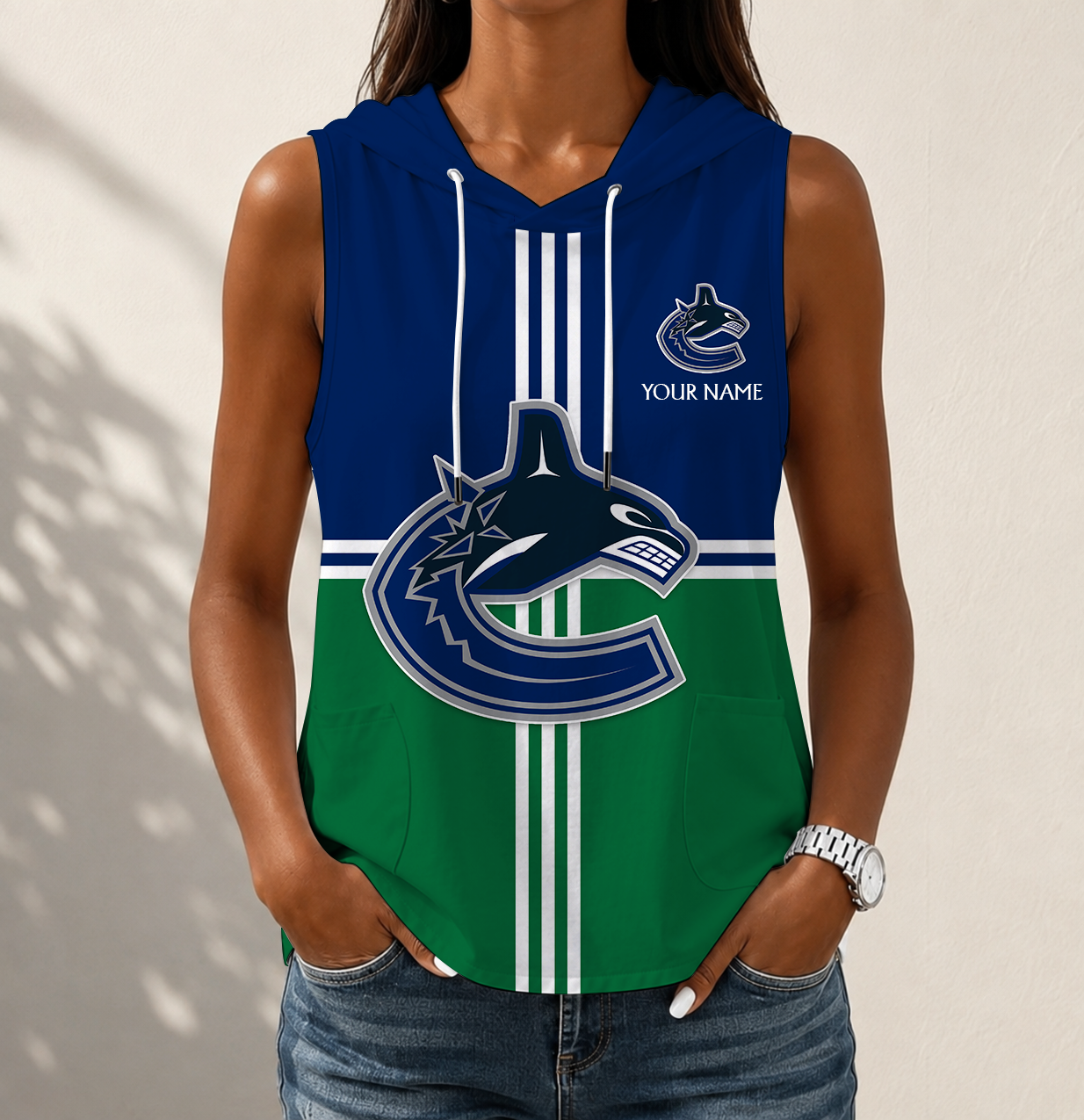 LIMITED EDITION - NEW CUSTOMIZED NHL19 VCC VANCOUVER CANUCKS WOMEN'S SLEEVELESS HOODED POCKET TANK TOP