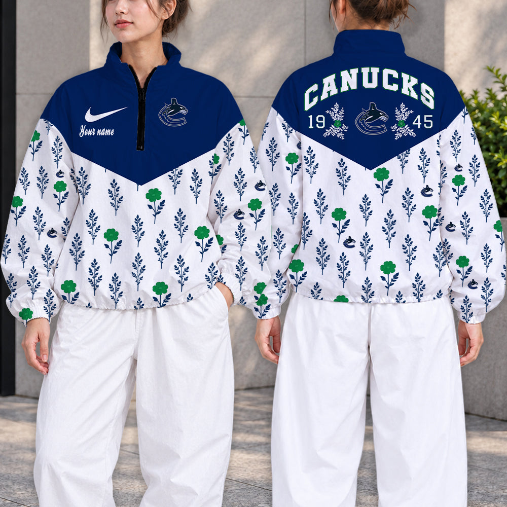LIMITED EDITION - NEW CUSTOMIZED NHL19 VCC VANCOUVER CANUCKS V-NECK ZIPPER SWEATSHIRT JACKET