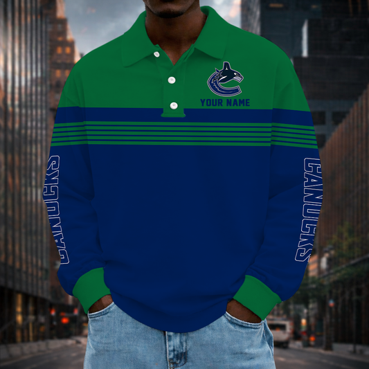 LIMITED EDITION - NEW CUSTOMIZED NHL19 VCC VANCOUVER CANUCKS MEN LONG SLEEVE POLO