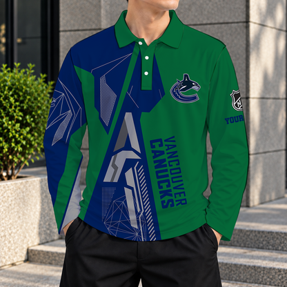SPECIAL EDITION - NEW CUSTOMIZED NHL19 VCC VANCOUVER CANUCKS MEN LONG SLEEVE POLO