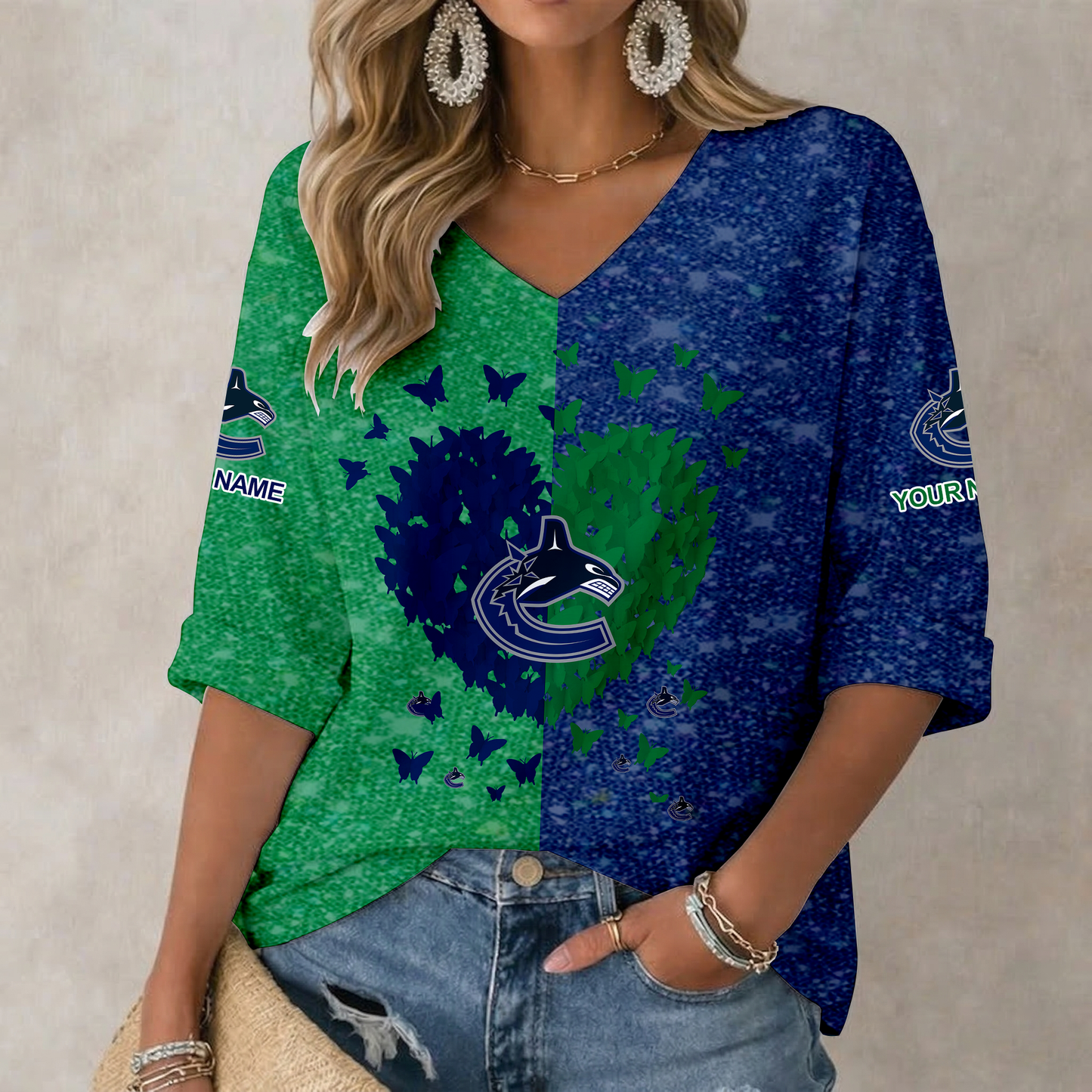 LIMITED EDITION - NEW CUSTOMIZED NHL19 VCC VANCOUVER CANUCKS WOMEN'S HEART V-NECK LONG SLEEVE SHIRT