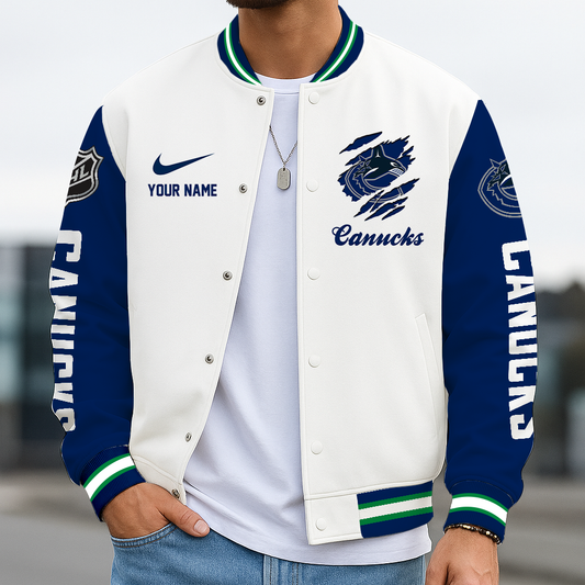 LIMITED EDITION - NEW CUSTOMIZED NHL19 VCC VANCOUVER CANUCKS BASEBALL JACKET, SATIN VARSITY JACKET
