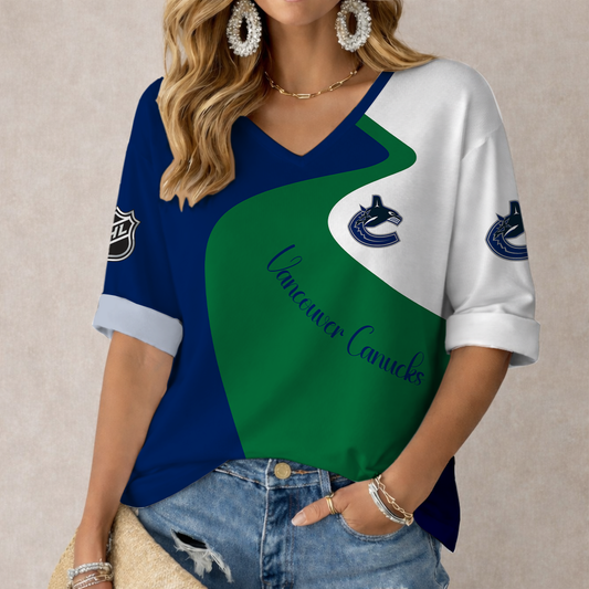 FLASH SALE - NEW CUSTOMIZED NHL19 VCC VANCOUVER CANUCKS WOMEN'S V-NECK LONG SLEEVE SHIRT