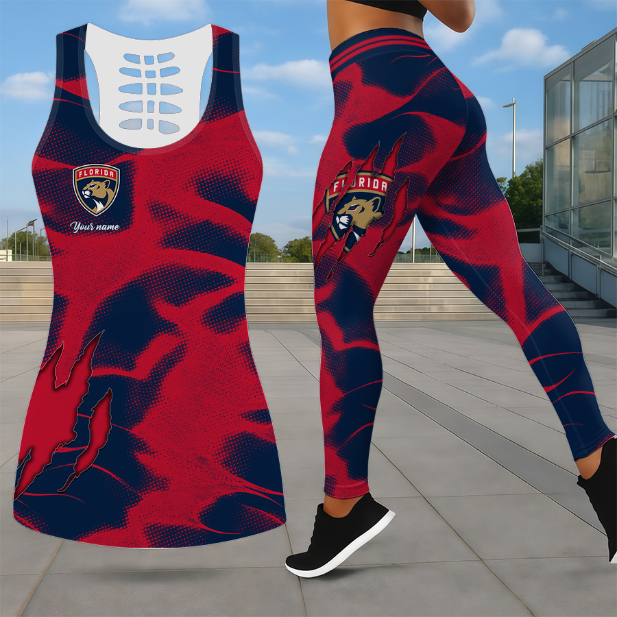 LIMITED EDITION - NEW CUSTOMIZED NHL01 FPT FLORIDA PANTHERS LEGGINGS & HOLLOW TANK TOP SET