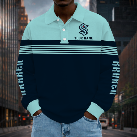 LIMITED EDITION - NEW CUSTOMIZED NHL20 STK SEATTLE KRAKEN MEN LONG SLEEVE POLO