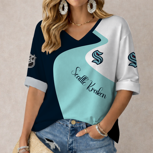 FLASH SALE - NEW CUSTOMIZED NHL20 STK SEATTLE KRAKEN WOMEN'S V-NECK LONG SLEEVE SHIRT