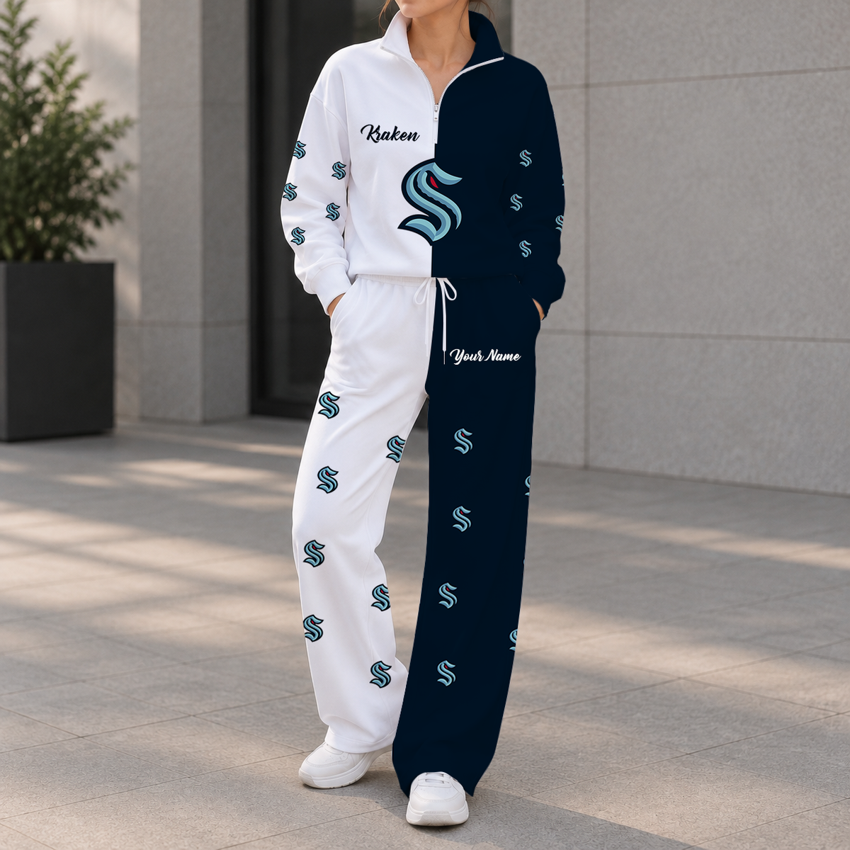 SPECIAL EDITION - NEW CUSTOMIZED NHL20 STK SEATTLE KRAKEN ZIPPER SWEATSHIRT & WIDE LEG PANTS SET