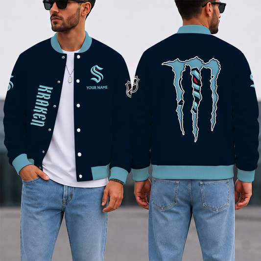 LIMITED EDITION - NEW CUSTOMIZED NHL20 STK SEATTLE KRAKEN SATIN VARSITY JACKET & BASEBALL JACKET