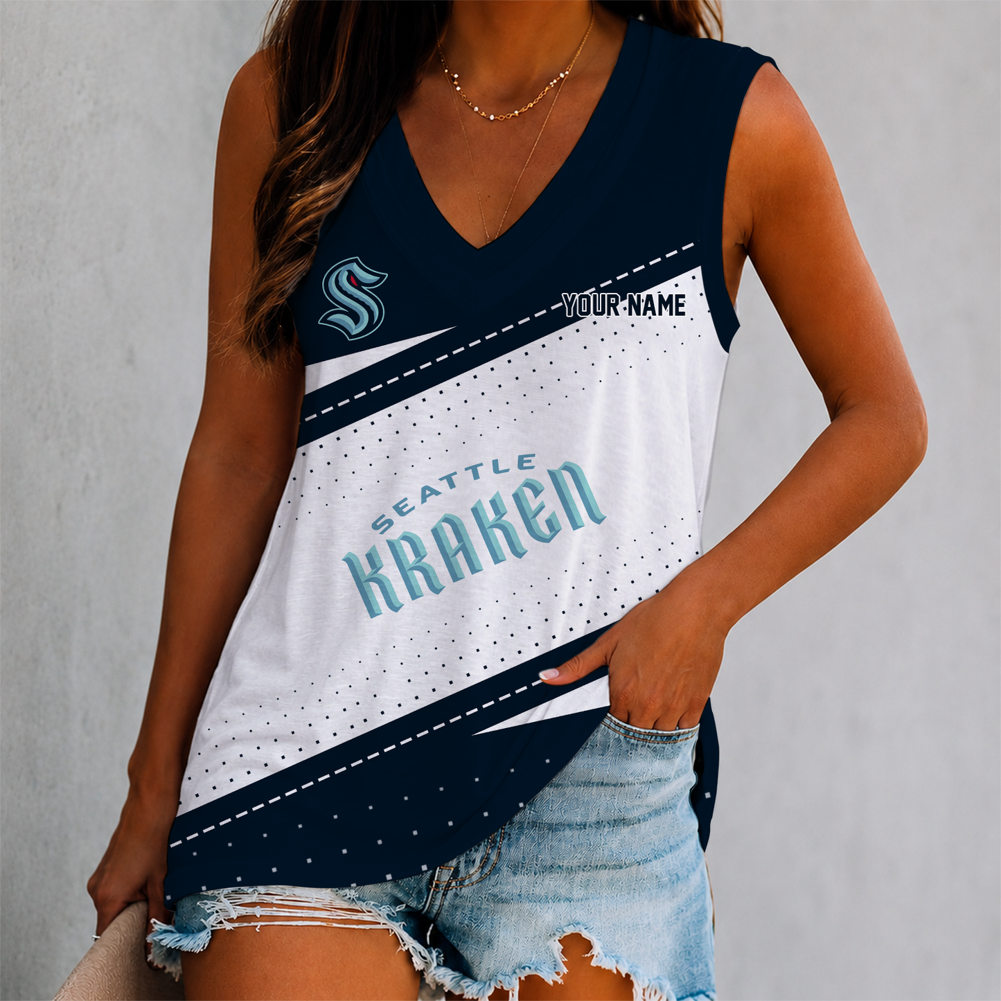 FINAL SALE - NEW CUSTOMIZED NHL20 STK SEATTLE KRAKEN WOMEN'S V-NECK TANK TOP