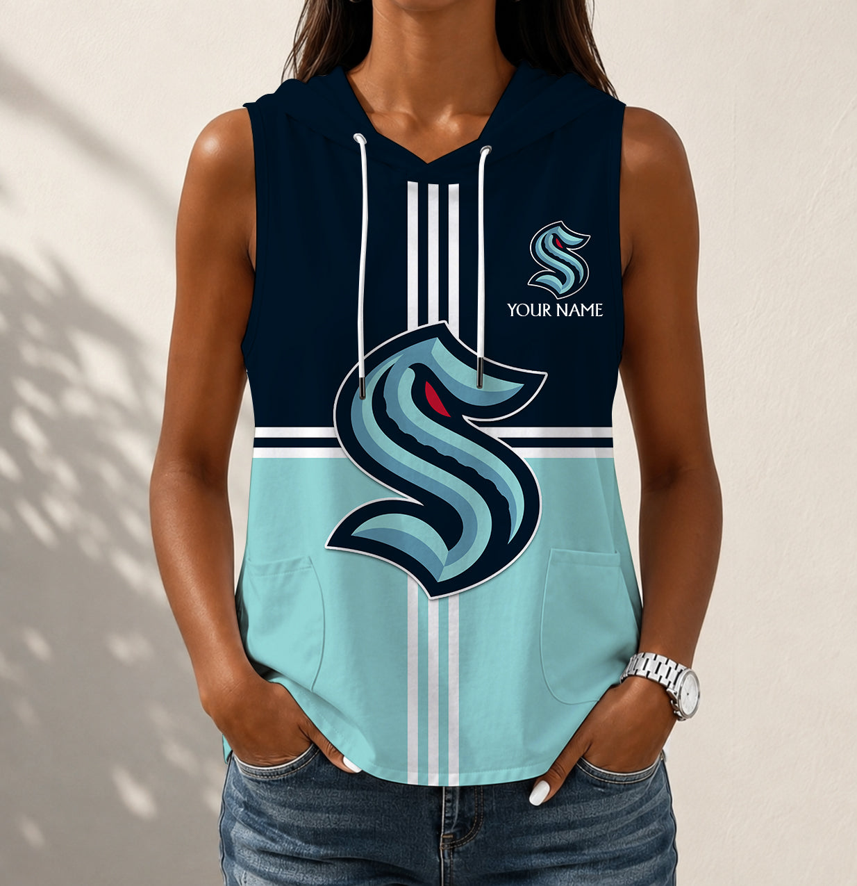 LIMITED EDITION - NEW CUSTOMIZED NHL20 STK SEATTLE KRAKEN WOMEN'S SLEEVELESS HOODED POCKET TANK TOP