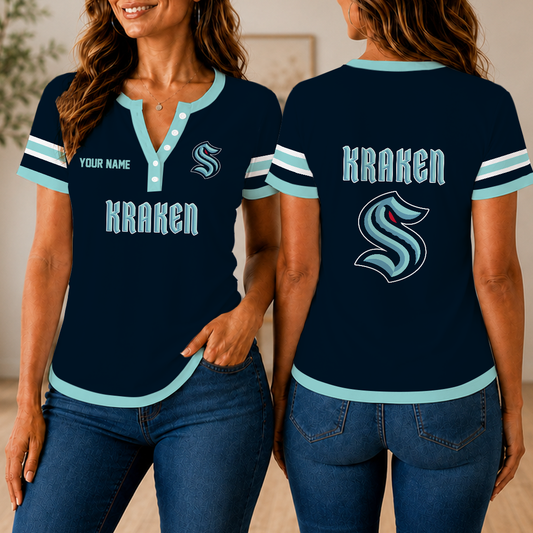 FINAL SALE - NEW CUSTOMIZED NHL20 STK SEATTLE KRAKEN WOMEN'S SHORT SLEEVE HENLEY T-SHIRT