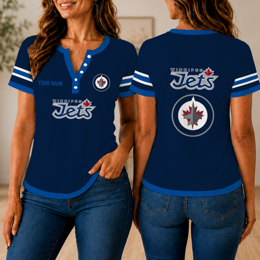 FINAL SALE - NEW CUSTOMIZED NHL21 WPJ WINNIPEG JETS WOMEN'S SHORT SLEEVE HENLEY T-SHIRT