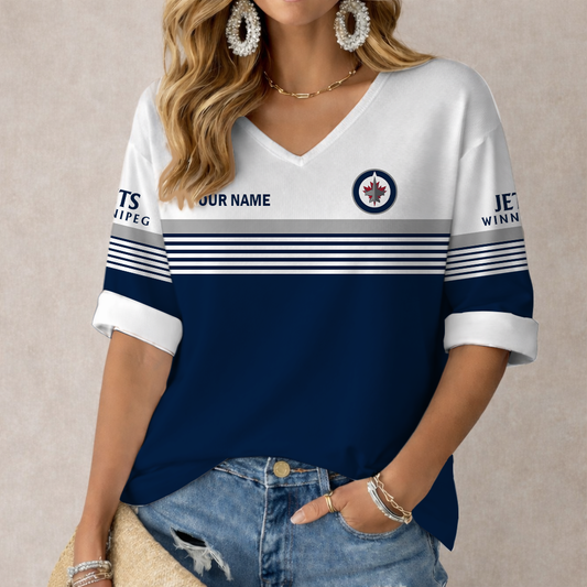 LIMITED EDITION - NEW CUSTOMIZED NHL21 WPJ WINNIPEG JETS WOMEN'S HEART V-NECK LONG SLEEVE SHIRT