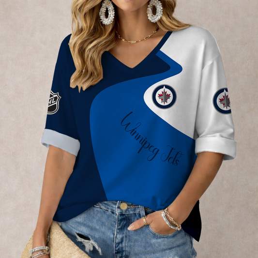 FLASH SALE - NEW CUSTOMIZED NHL21 WPJ WINNIPEG JETS WOMEN'S V-NECK LONG SLEEVE SHIRT