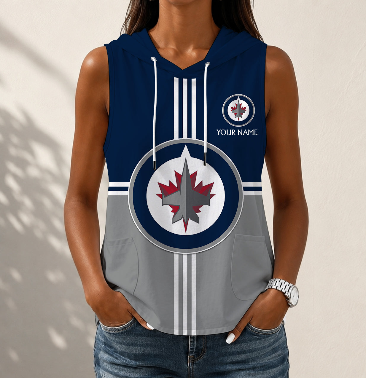 LIMITED EDITION - NEW CUSTOMIZED NHL21 WPJ WINNIPEG JETS WOMEN'S SLEEVELESS HOODED POCKET TANK TOP