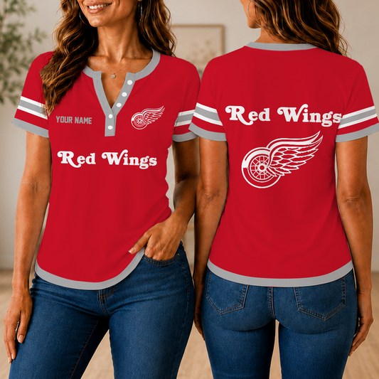 FINAL SALE - NEW CUSTOMIZED NHL22 DRW DETROIT RED WINGS WOMEN'S SHORT SLEEVE HENLEY T-SHIRT