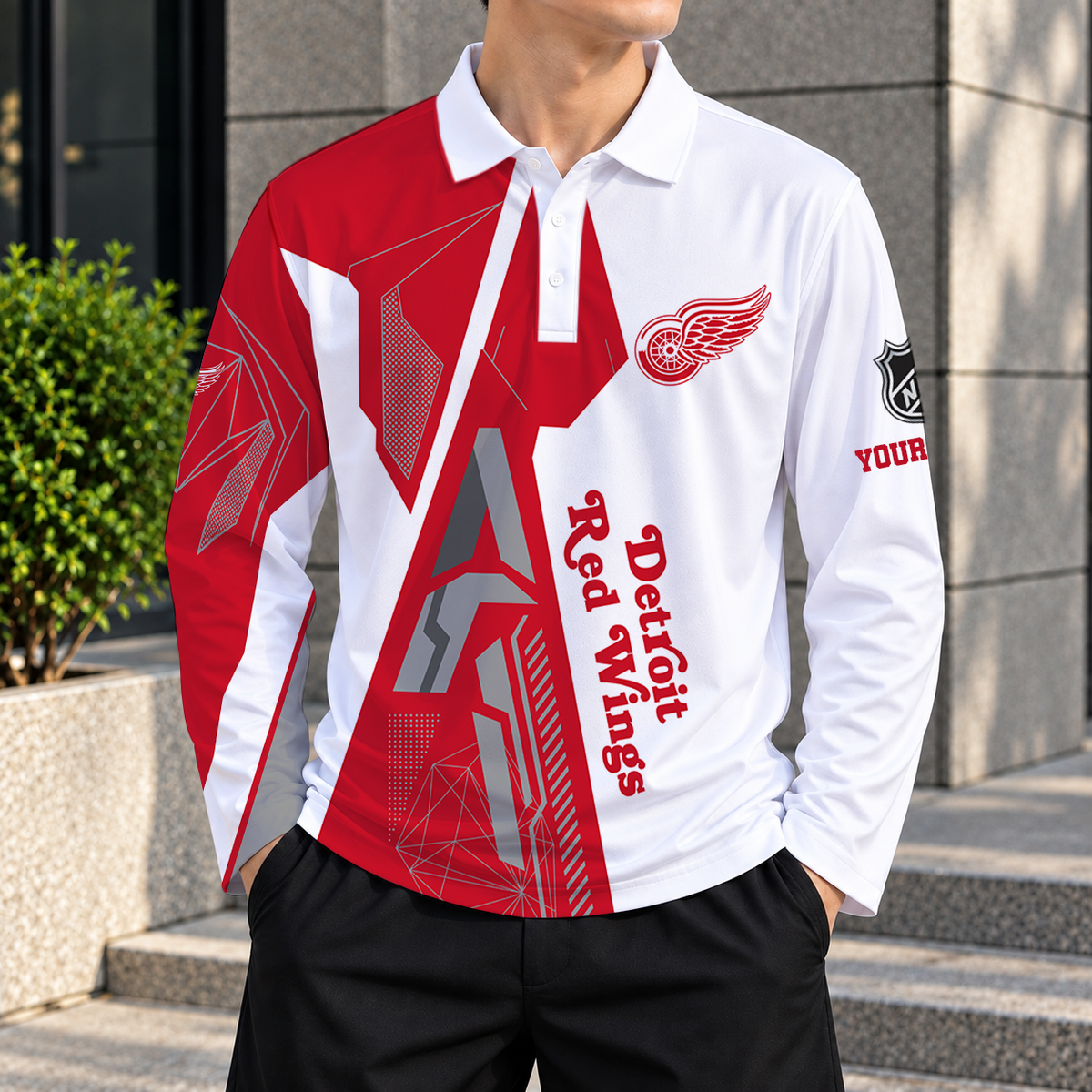 SPECIAL EDITION - NEW CUSTOMIZED NHL22 DRW DETROIT RED WINGS MEN LONG SLEEVE POLO