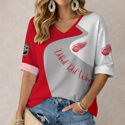 FLASH SALE - NEW CUSTOMIZED NHL22 DRW DETROIT RED WINGS WOMEN'S V-NECK LONG SLEEVE SHIRT