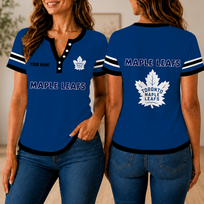 FINAL SALE - NEW CUSTOMIZED NHL23 TML TORONTO MAPLE LEAFS WOMEN'S SHORT SLEEVE HENLEY T-SHIRT