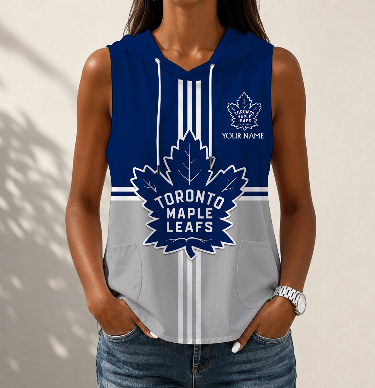 LIMITED EDITION - NEW CUSTOMIZED NHL23 TML TORONTO MAPLE LEAFS WOMEN'S SLEEVELESS HOODED POCKET TANK TOP