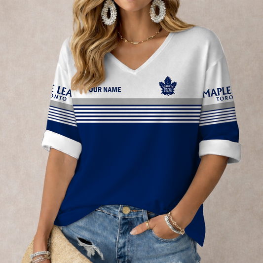LIMITED EDITION - NEW CUSTOMIZED NHL23 TML TORONTO MAPLE LEAFS WOMEN'S HEART V-NECK LONG SLEEVE SHIRT