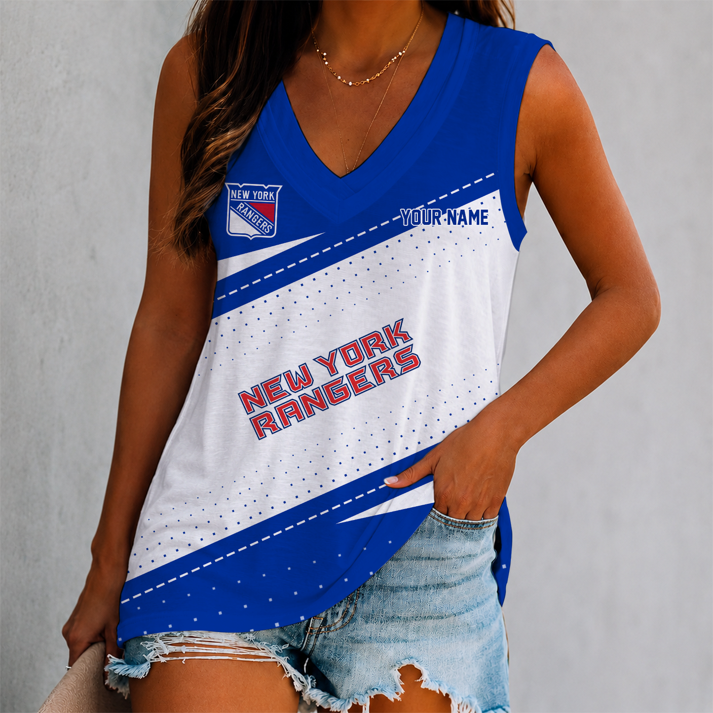 FINAL SALE - NEW CUSTOMIZED NHL24 NYR NEW YORK RANGERS WOMEN'S V-NECK TANK TOP