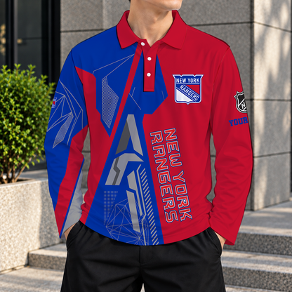 SPECIAL EDITION - NEW CUSTOMIZED NHL24 NYR NEW YORK RANGERS MEN LONG SLEEVE POLO