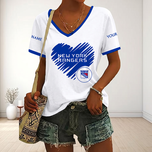 FINAL SALE - NEW CUSTOMIZED NHL24 NYR NEW YORK RANGERS V-NECK FEMALE SHIRT