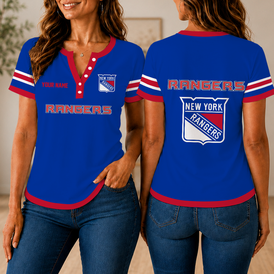 FINAL SALE - NEW CUSTOMIZED NHL24 NYR NEW YORK RANGERS WOMEN'S SHORT SLEEVE HENLEY T-SHIRT