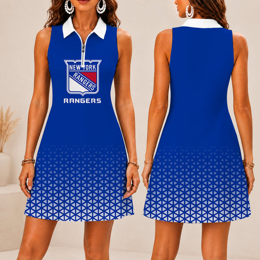 FLASH SALE - NEW CUSTOMIZED NHL24 NYR NEW YORK RANGERS WOMEN'S ZIP SLEEVELESS POLO DRESS