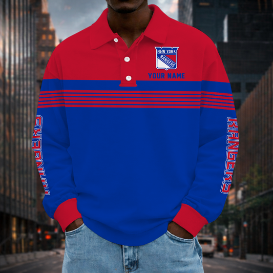 LIMITED EDITION - NEW CUSTOMIZED NHL24 NYR NEW YORK RANGERS MEN LONG SLEEVE POLO