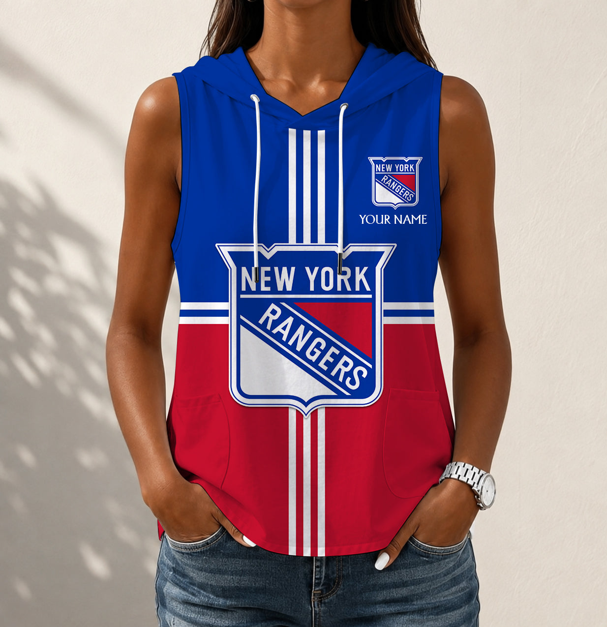 LIMITED EDITION - NEW CUSTOMIZED NHL24 NYR NEW YORK RANGERS WOMEN'S SLEEVELESS HOODED POCKET TANK TOP