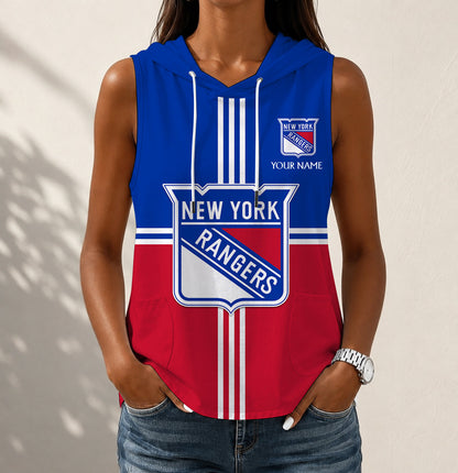 LIMITED EDITION - NEW CUSTOMIZED NHL24 NYR NEW YORK RANGERS WOMEN'S SLEEVELESS HOODED POCKET TANK TOP