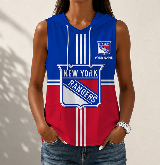 LIMITED EDITION - NEW CUSTOMIZED NHL24 NYR NEW YORK RANGERS WOMEN'S SLEEVELESS HOODED POCKET TANK TOP