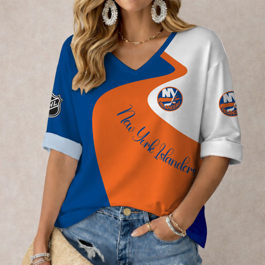 FLASH SALE - NEW CUSTOMIZED NHL25 NYI NEW YORK ISLANDERS WOMEN'S V-NECK LONG SLEEVE SHIRT
