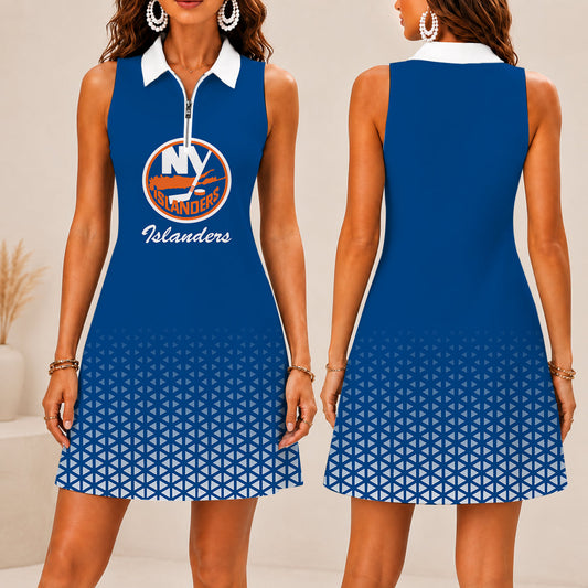 FLASH SALE - NEW CUSTOMIZED NHL25 NYI NEW YORK ISLANDERS WOMEN'S ZIP SLEEVELESS POLO DRESS