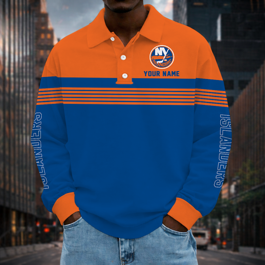 LIMITED EDITION - NEW CUSTOMIZED NHL25 NYI NEW YORK ISLANDERS MEN LONG SLEEVE POLO