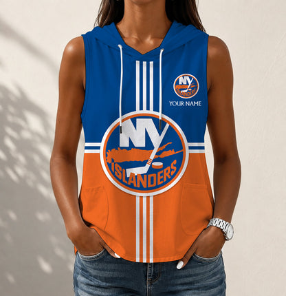 LIMITED EDITION - NEW CUSTOMIZED NHL25 NYI NEW YORK ISLANDERS WOMEN'S SLEEVELESS HOODED POCKET TANK TOP