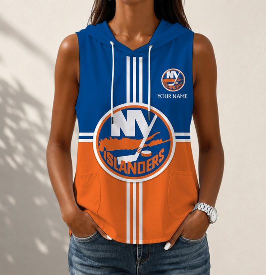 LIMITED EDITION - NEW CUSTOMIZED NHL25 NYI NEW YORK ISLANDERS WOMEN'S SLEEVELESS HOODED POCKET TANK TOP