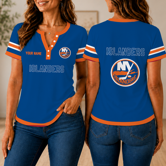 FINAL SALE - NEW CUSTOMIZED NHL25 NYI NEW YORK ISLANDERS WOMEN'S SHORT SLEEVE HENLEY T-SHIRT