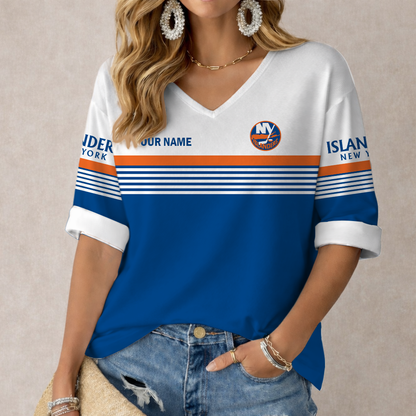 LIMITED EDITION - NEW CUSTOMIZED NHL25 NYI NEW YORK ISLANDERS WOMEN'S HEART V-NECK LONG SLEEVE SHIRT