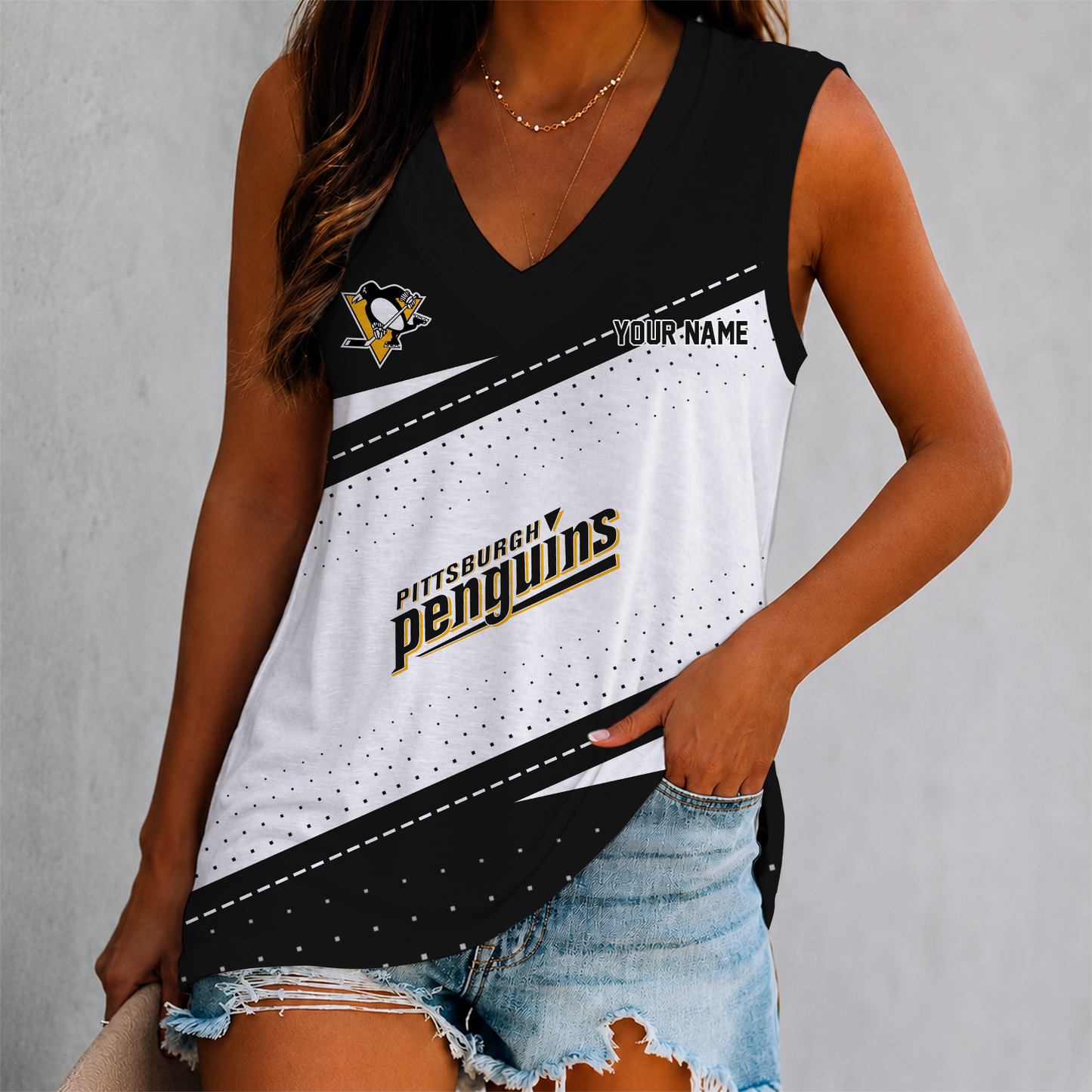 FINAL SALE - NEW CUSTOMIZED NHL26 PBP PITTSBURGH PENGUINS WOMEN'S V-NECK TANK TOP