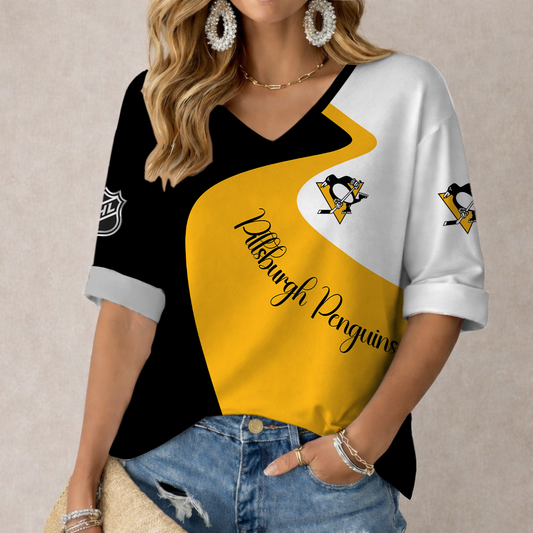 FLASH SALE - NEW CUSTOMIZED NHL26 PBP PITTSBURGH PENGUINS WOMEN'S V-NECK LONG SLEEVE SHIRT