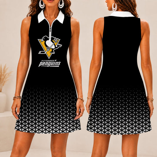 FLASH SALE - NEW CUSTOMIZED NHL26 PBP PITTSBURGH PENGUINS WOMEN'S ZIP SLEEVELESS POLO DRESS