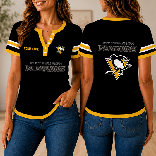 FINAL SALE - NEW CUSTOMIZED NHL26 PBP PITTSBURGH PENGUINS WOMEN'S SHORT SLEEVE HENLEY T-SHIRT